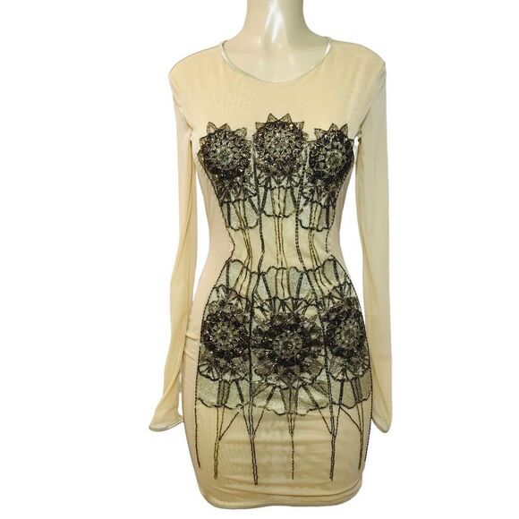 Kora Rae Dresses & Skirts - Kora Rae Mesh Beaded Dress Size M Beige Mini Bodycon Long Sleeve Embellished